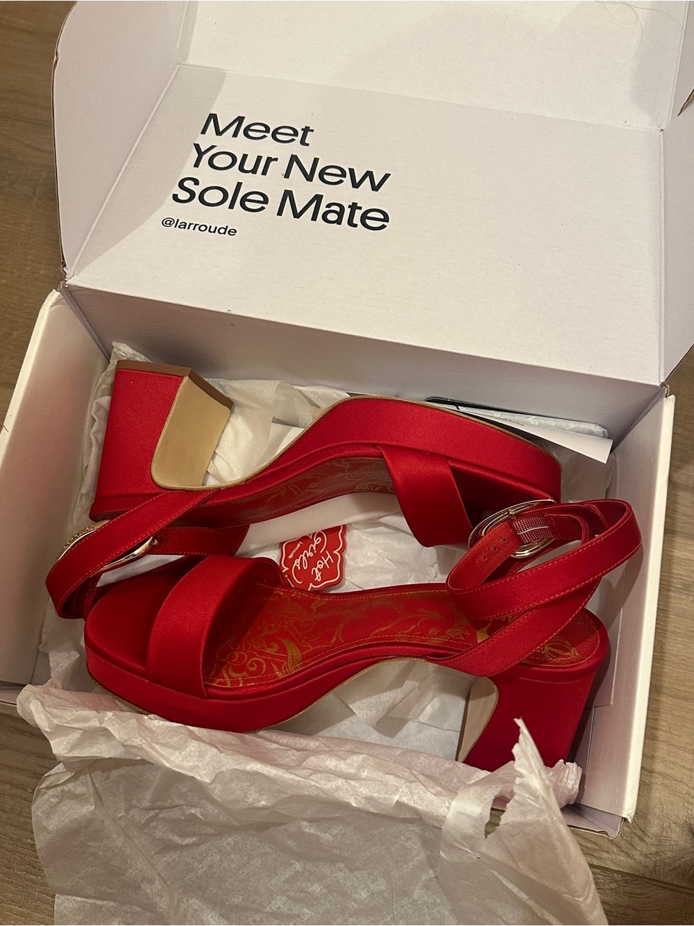 Larroude Red Satin Block Heel Sandals with Ankle Strap